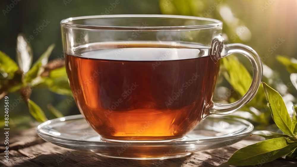 A pristine glass cup filled with rich black tea. Generative AI A pristine glass cup filled with rich black tea. Generative AI