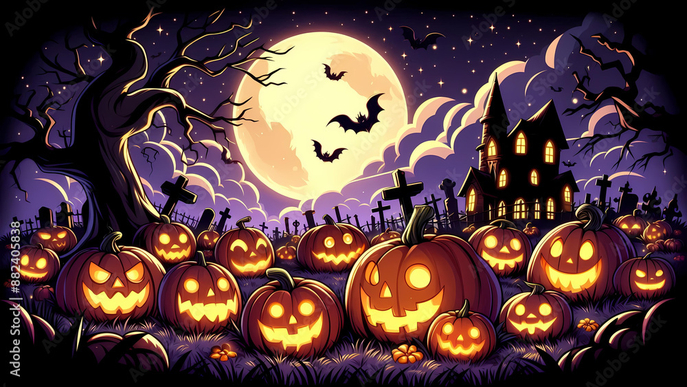 Fototapeta premium Haunted Halloween Pumpkins, Graveyard, Under the Moon