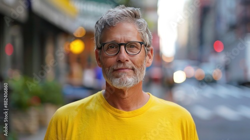Gray-haired middle aged man in glasses and yellow t-shirt in city street photo