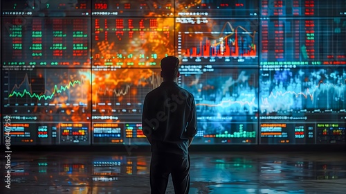 view from the back of a man standing at the monitors showing charts of stock, futures or cryptocurrency quotes