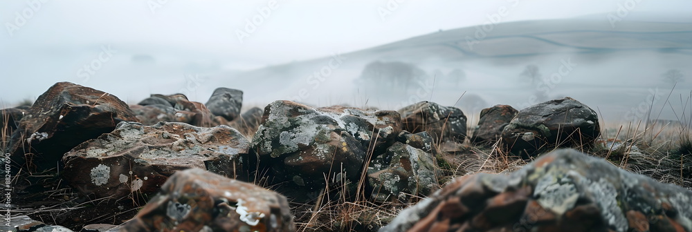 Background with blurry hills in the background and a close-up of rocks in the foreground. Banner with copy space. Background with blurry hills in the background and a close-up of rocks in the foreground. Banner with copy space.