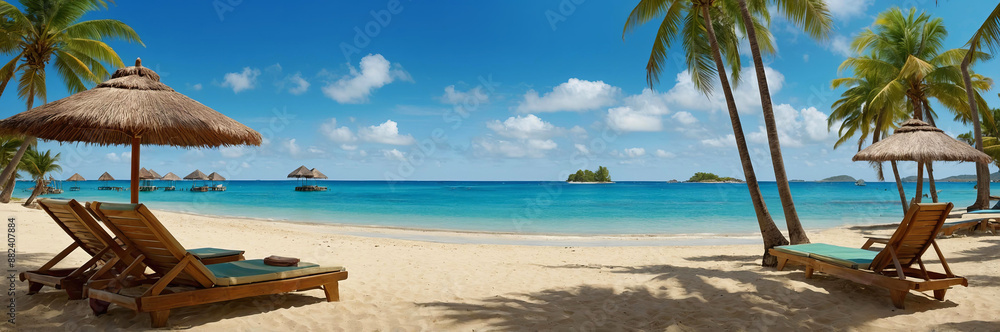 Beautiful beach with white sand, turquoise water, palm trees. Lounge chairs with umbrellas for shade. Clear sky and fluffy clouds, perfect summer day. World Tourism Day Beautiful beach with white sand, turquoise water, palm trees. Lounge chairs with umbrellas for shade. Clear sky and fluffy clouds, perfect summer day. World Tourism Day