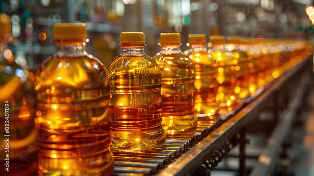 Bottling line sunflower oil, corn oil. Plant for production vegetable oil. Industrial background Bottling line sunflower oil, corn oil. Plant for production vegetable oil. Industrial background