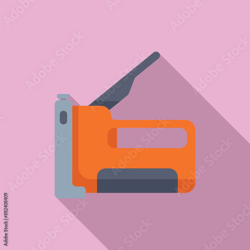 Orange construction stapler for fastening materials with a long shadow on a pink background