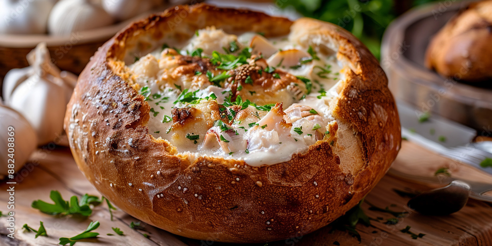 Clam chowder in a bread bowl on the table Clam chowder in a bread bowl on the table