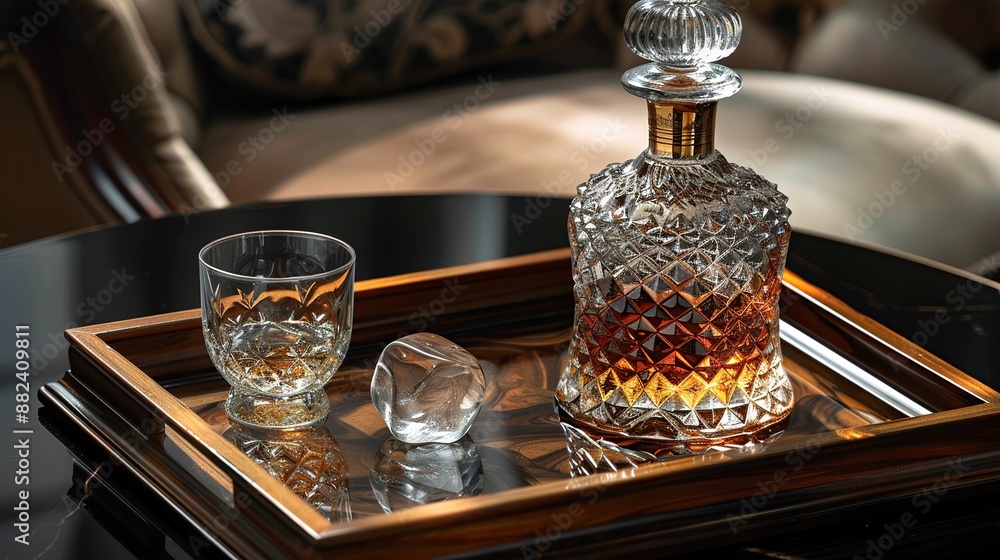 Crystal Decanter and Glass on a Wooden Tray Crystal Decanter and Glass on a Wooden Tray