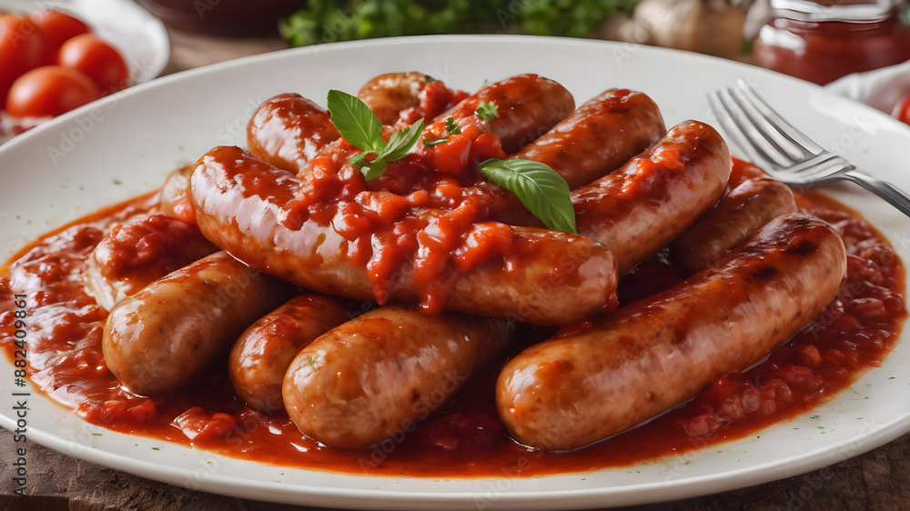 A sumptuous image of grilled sausages covered in a delicious, glossy tomato sauce. Generative AI A sumptuous image of grilled sausages covered in a delicious, glossy tomato sauce. Generative AI