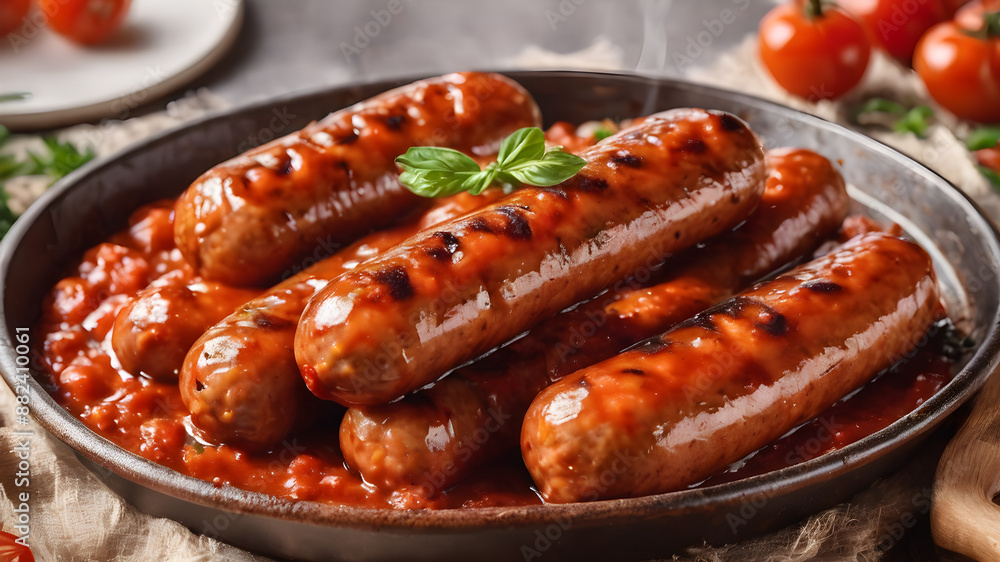 A sumptuous image of grilled sausages covered in a delicious, glossy tomato sauce. Generative AI A sumptuous image of grilled sausages covered in a delicious, glossy tomato sauce. Generative AI