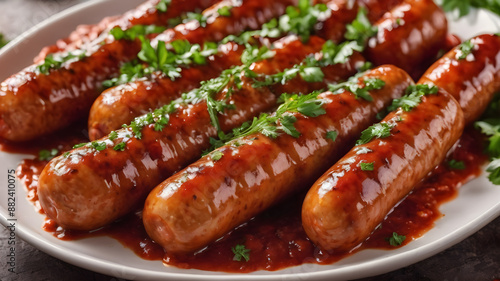 A sumptuous image of grilled sausages covered in a delicious, glossy tomato sauce. Generative AI