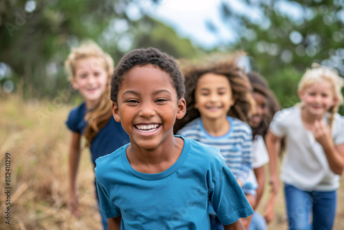 A group of diverse cheerful children are playing and laughing happily outdoors, representing friendship and unity. Suitable for lifestyle, leisure, and multicultural themes.