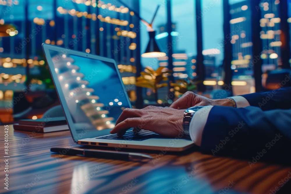 Fototapeta premium businessman working on a laptop, skyscrapers city views