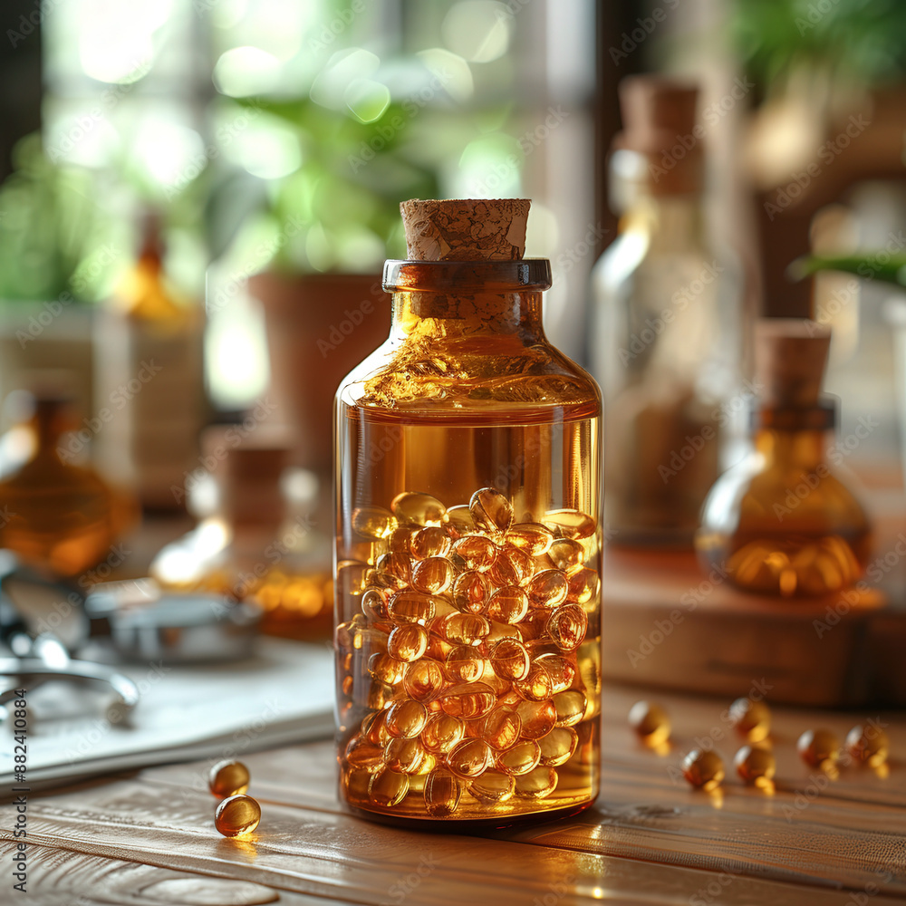 Bottle of oil capsules, with few capsules spilled out, set against blurred , vitamin E, vitamin K Bottle of oil capsules, with few capsules spilled out, set against blurred , vitamin E, vitamin K
