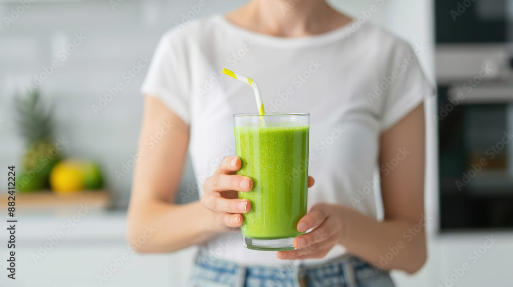 Young woman holding green smoothie in kitchen promoting healthy lifestyle Young woman holding green smoothie in kitchen promoting healthy lifestyle