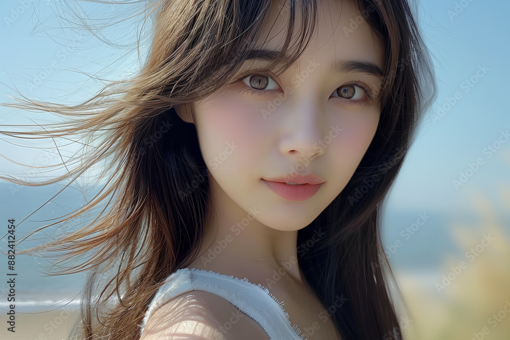 海に遊びに来ている女性