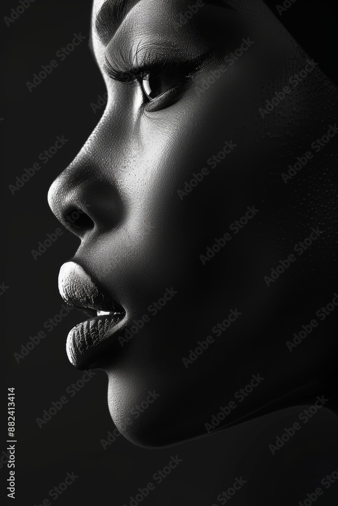 Close-up profile of a woman's face in black and white with dramatic lighting Close-up profile of a woman's face in black and white with dramatic lighting