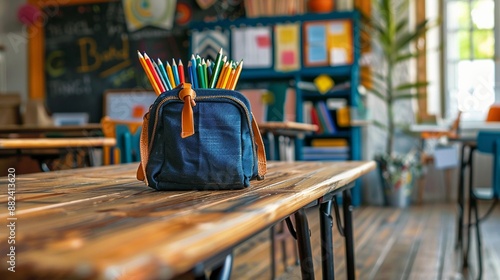 Pencil case on empty desk in classroom, school start background © PhotoHunter