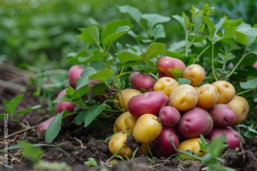 Freshly Harvested Red and Yellow Potatoes Sit in a Bountiful Field of Crops