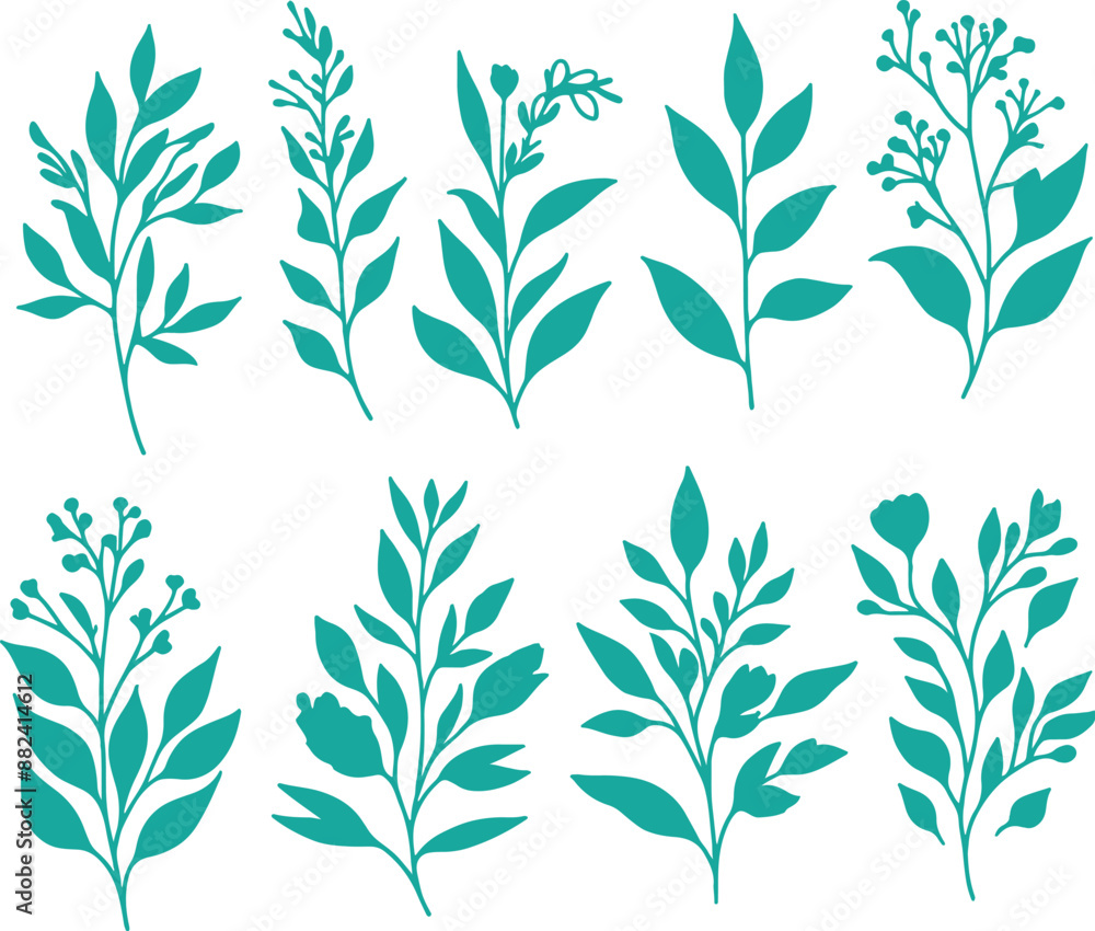 Minimal feminine botanical floral branch in silhouette style. Hand drawn wedding herb, minimalistic flowers with elegant leaves. Botanical rustic trendy greenery vector Minimal feminine botanical floral branch in silhouette style. Hand drawn wedding herb, minimalistic flowers with elegant leaves. Botanical rustic trendy greenery vector