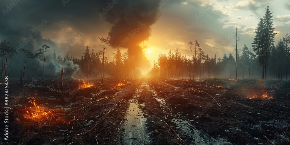 Massive deforestation causing habitat loss and climate change, illustrating the environmental impact of human activity Massive deforestation causing habitat loss and climate change, illustrating the environmental impact of human activity