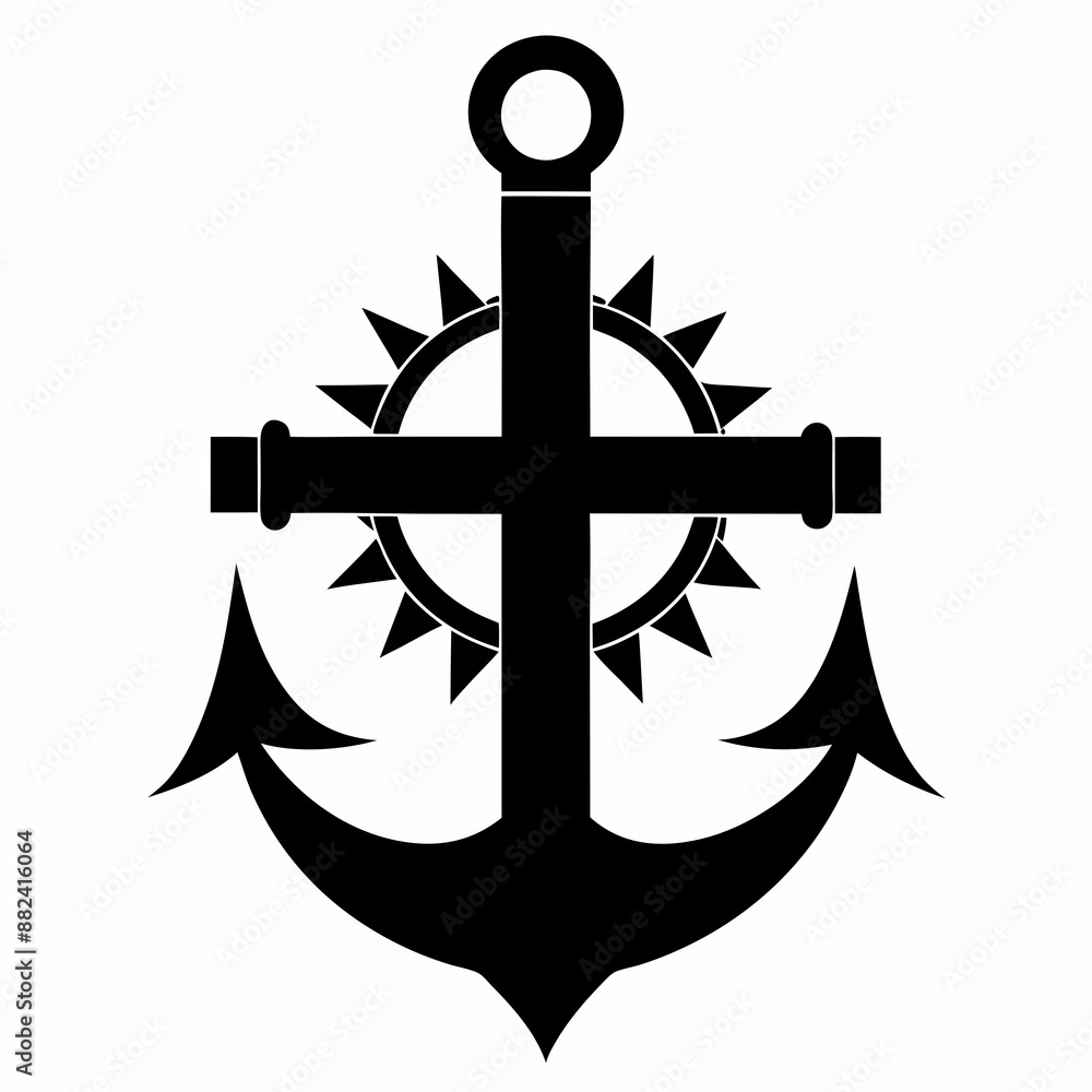 Cross with an anchor and a sun in the middle vector silhouette Cross with an anchor and a sun in the middle vector silhouette