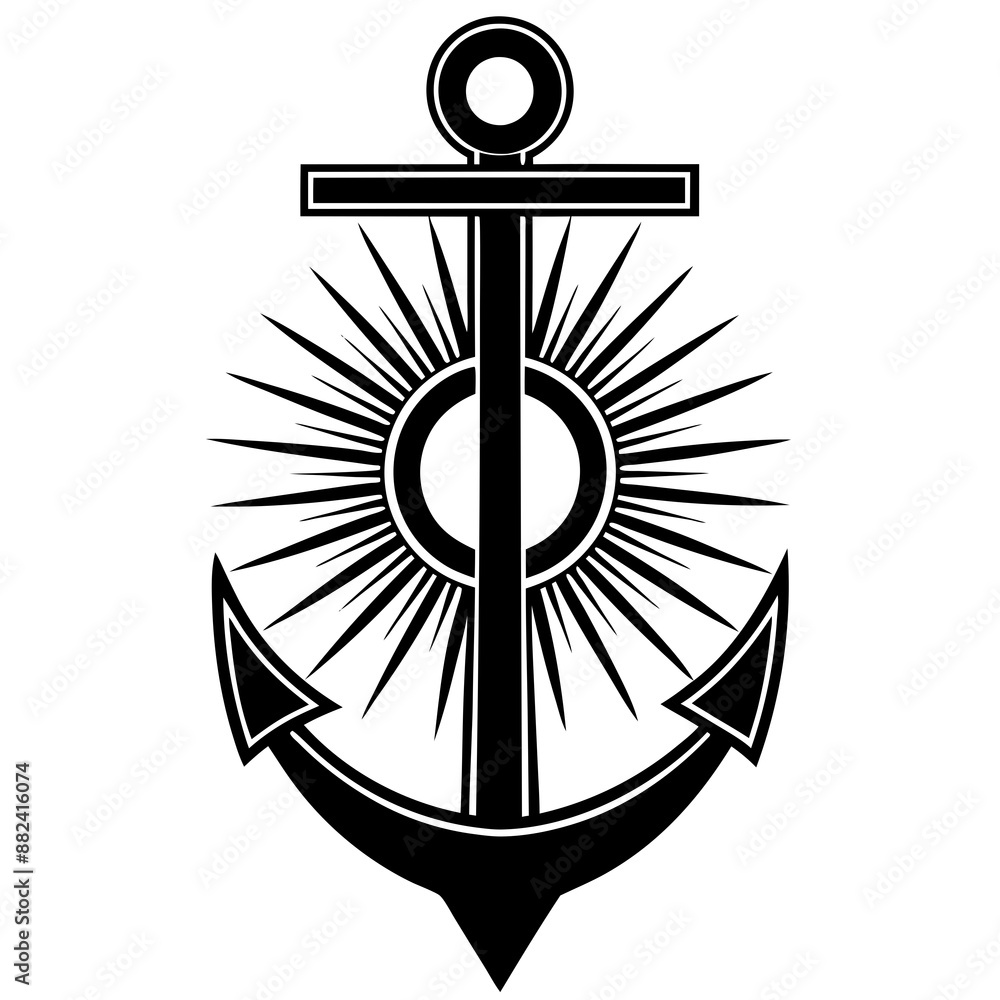 Cross with an anchor and a sun in the middle vector silhouette Cross with an anchor and a sun in the middle vector silhouette