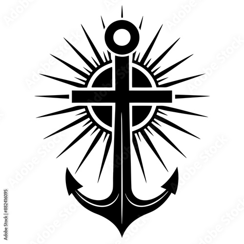 Cross with an anchor and a sun in the middle vector silhouette 