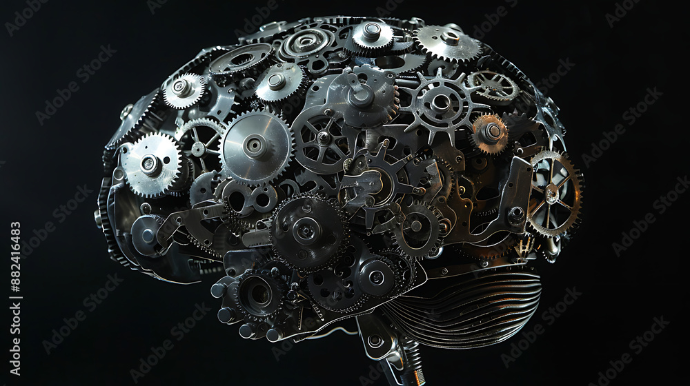 a mechanical brain composed of intricate gears and cogs. Its metallic structure suggests a fusion of biological and mechanical elements a mechanical brain composed of intricate gears and cogs. Its metallic structure suggests a fusion of biological and mechanical elements