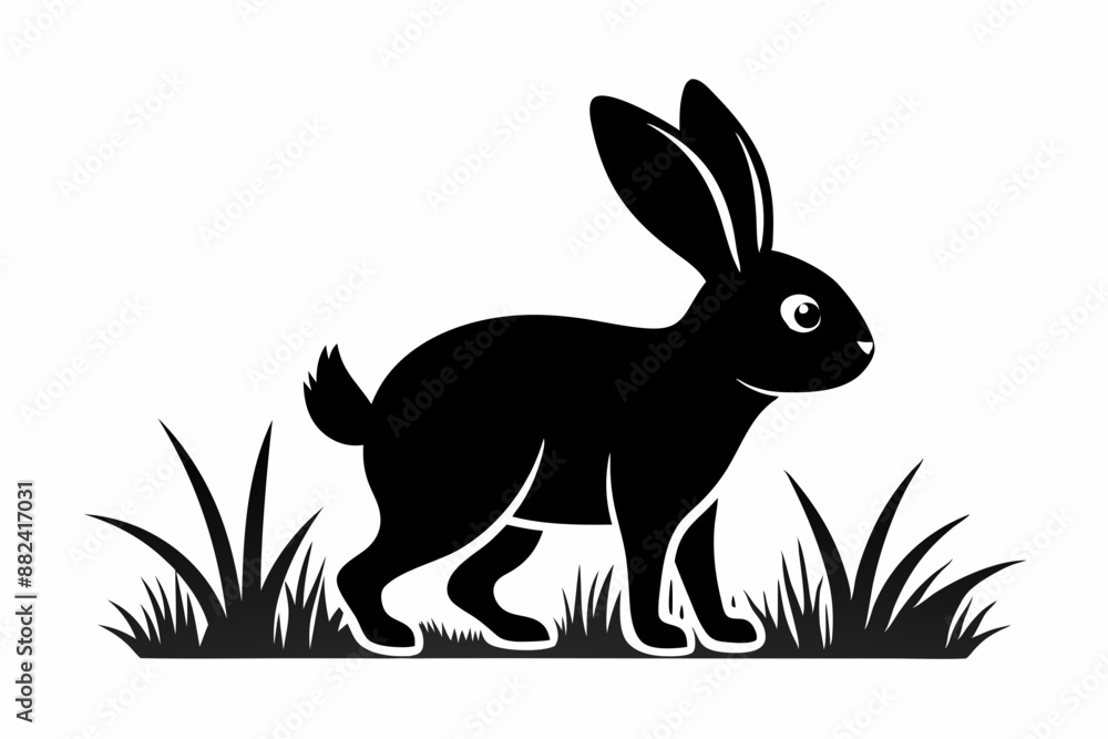 Obraz premium Black silhouette rabbit walk in grass white background