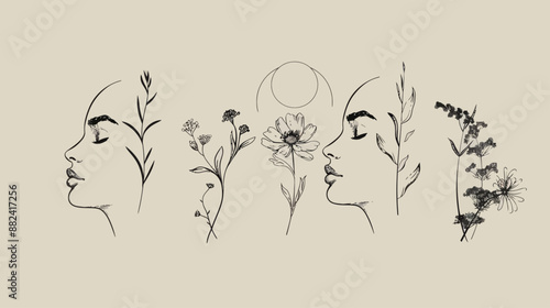 Elegant Line Drawing of Woman with Lavender - Stock Illustration