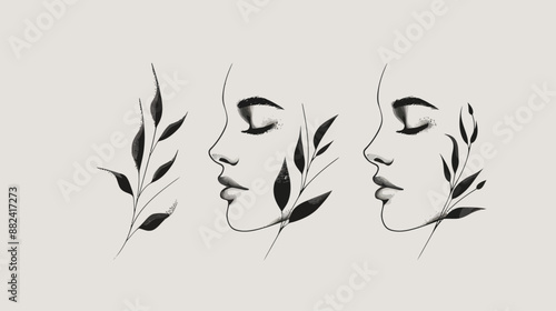 Elegant Line Drawing of Woman with Lavender - Stock Illustration