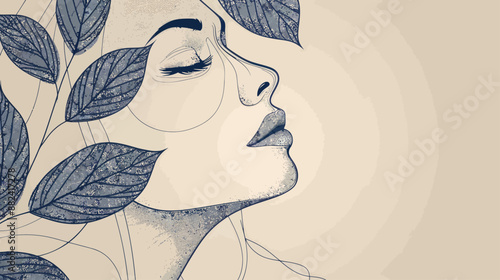 Elegant Line Drawing of Woman with Lavender - Stock Illustration