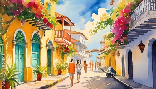 Calles coloniales cartagena de indias colombia acuarela