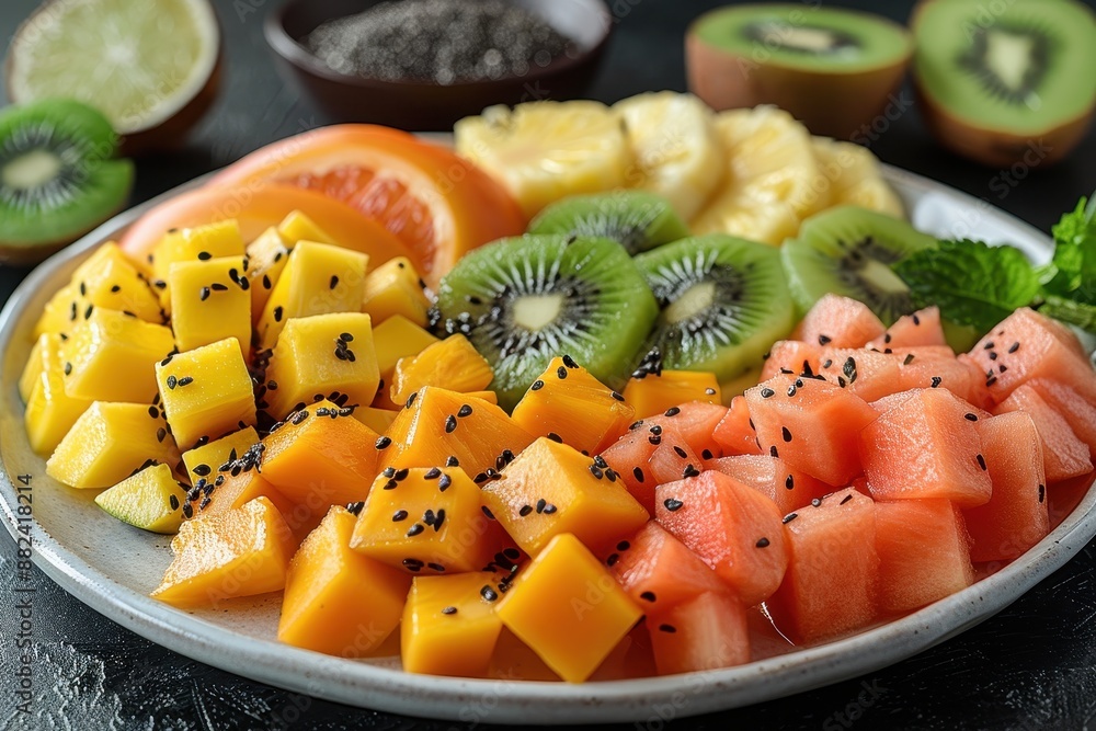 A tropical fruit platter with slices of mango, pineapple, kiwi, papaya, and coconut, beautifully arranged on a white plate. A tropical fruit platter with slices of mango, pineapple, kiwi, papaya, and coconut, beautifully arranged on a white plate.