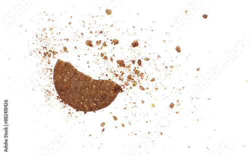Pile cake crumbs, chocolate cookie flying isolated on white, clipping path	