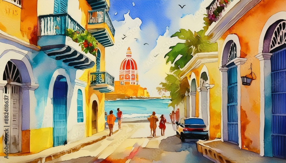 Fototapeta premium Calles coloniales cartagena de indias colombia acuarela