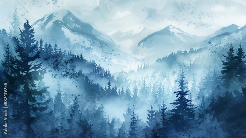 Watercolor foggy forest landscape illustration. Wild nature in wintertime.