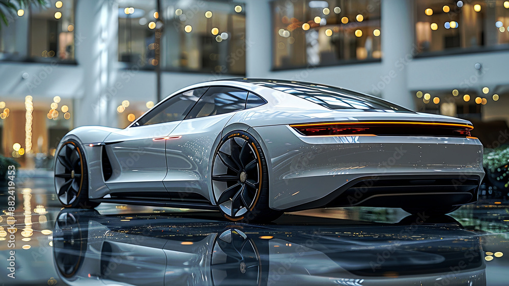 Sleek White Sedan Shining in the Light, Parked Elegantly in a Modern Showroom Sleek White Sedan Shining in the Light, Parked Elegantly in a Modern Showroom