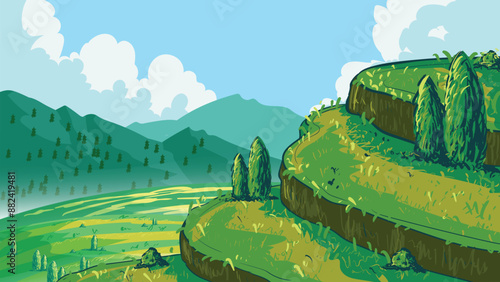 Green tea plantation landscape. Rural farmland fields, Terraced farmer, hills with greenery and mountain on horizon