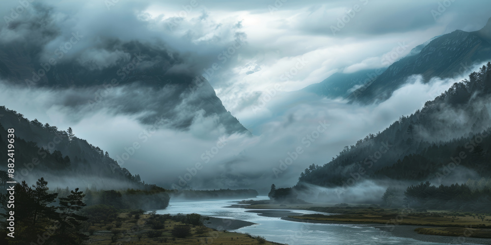 Obraz premium River winding through misty mountain valley with dense fog