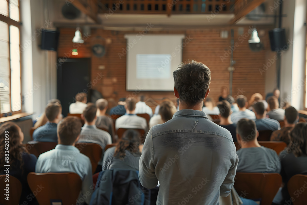 Male speaker giving presentation in hall at university workshop. Audience or conference hall. Rear view of unrecognized participants in audience. Scientific conference event, training. Education Male speaker giving presentation in hall at university workshop. Audience or conference hall. Rear view of unrecognized participants in audience. Scientific conference event, training. Education