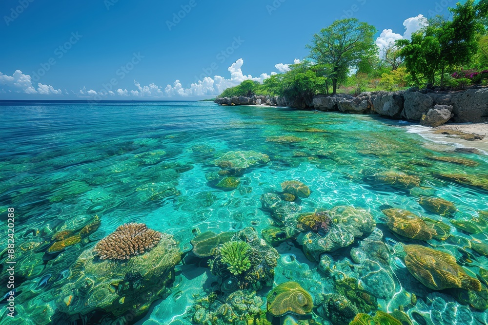 Naklejka premium A tropical island with white sandy beaches, crystal-clear water, and colorful coral reefs visible through the water.