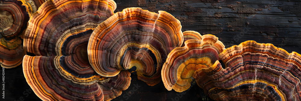 Ganoderma lucidum or Lucea-Galactita Reishi mushrooms. The vibrant colors intricate patterns Mushrooms Concept Ganoderma lucidum or Lucea-Galactita Reishi mushrooms. The vibrant colors intricate patterns Mushrooms Concept