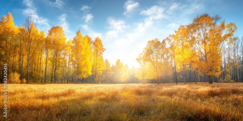 Fototapeta premium A sunny autumn landscape with golden trees and a grassy field