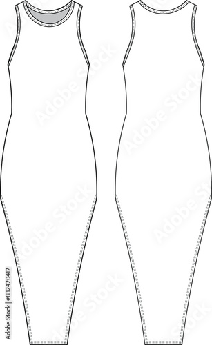 slitted sleeveless round neck crew neck midi long maxi body con elastic dress template technical drawing flat sketch cad mockup fashion woman design style model
