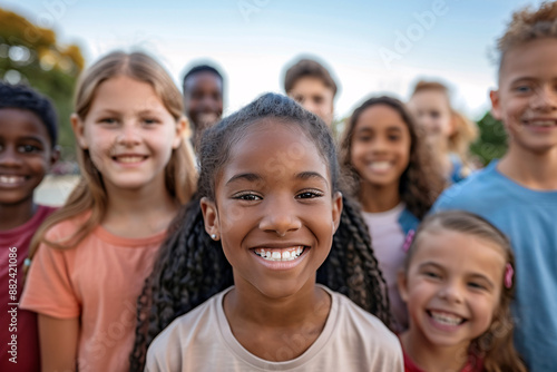 A diverse group of cheerful children is playing and laughing outdoors at the schoolyard, enjoying their childhood and learning in a multicultural environment.