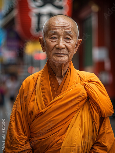  Buddhist monk poses for a photo on the Buddhist temple background. AI Generative © Elena