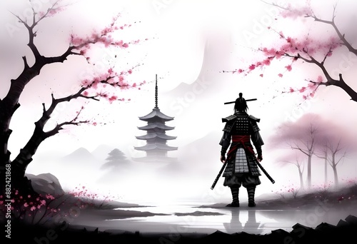 A lone samurai warrior standing in a misty landscape with a Japanese pagoda in the background, surrounded by blooming cherry blossom trees with red petals falling, classical japanese painting photo