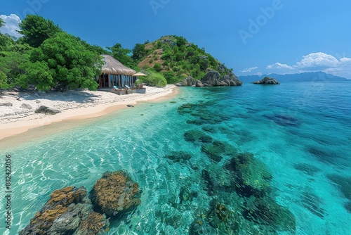 A tropical island with white sandy beaches, crystal-clear water, and colorful coral reefs visible through the water.