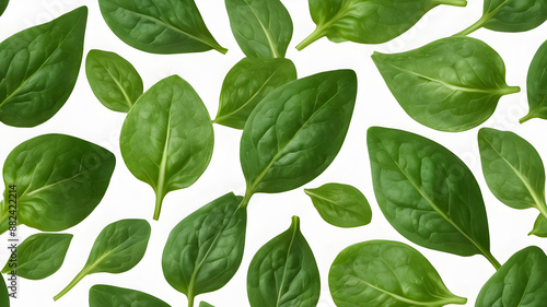 Pile of fresh green baby spinach leaves isolated on white background. Close up. Generative AI