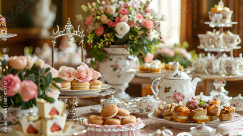 Elegant high tea setting with fine china, tiered trays of pastries, and floral arrangements, illustrating sophistication and tradition.